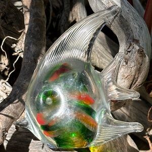 Vintage Hand Blown Glass Fish Sculpture Emerald Green Red Accents Tropical Decor